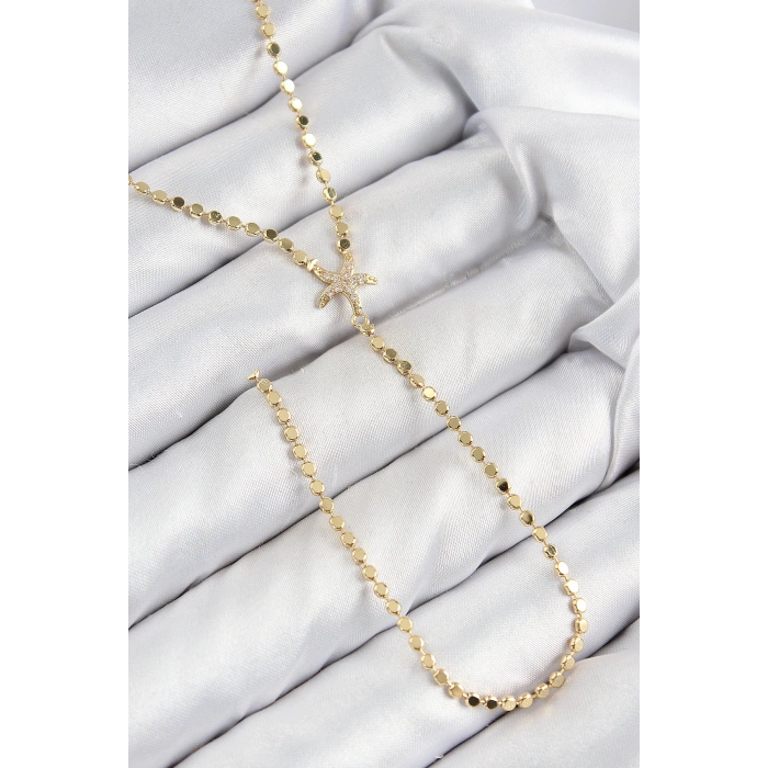 Pirinç Zirkon Taşlı Ezme Zincirli Deniz Yıldızı Model Gold Renk Y Kolye - TJ-BKO10467