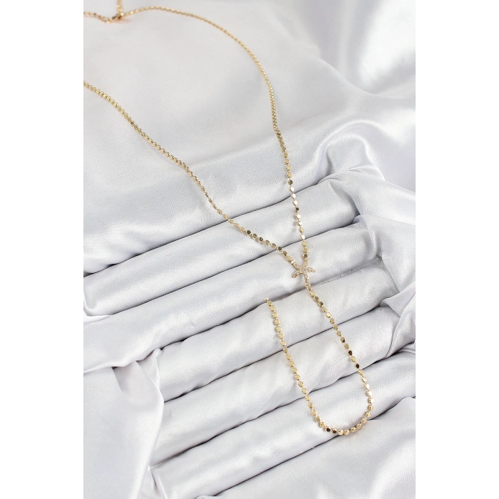 Pirinç Zirkon Taşlı Ezme Zincirli Deniz Yıldızı Model Gold Renk Y Kolye - TJ-BKO10467