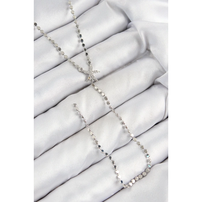 Pirinç Zirkon Taşlı Ezme Zincirli Deniz Yıldızı Model Gümüş Renk Y Kolye - TJ-BKO10466