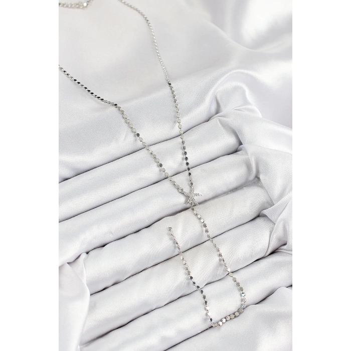 Pirinç Zirkon Taşlı Ezme Zincirli Deniz Yıldızı Model Gümüş Renk Y Kolye - TJ-BKO10466