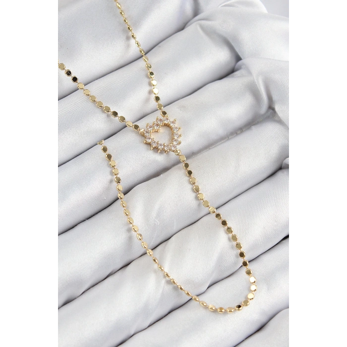 Pirinç Zirkon Taşlı Ezme Zincirli Kalp Model Gold Renk Y Kolye - TJ-BKO10461