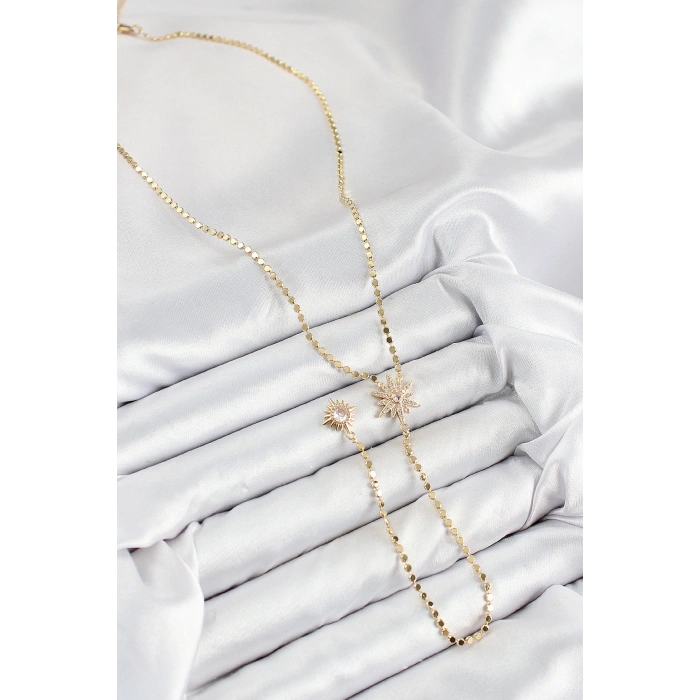 Pirinç Zirkon Taşlı Ezme Zincirli Kutup Yıldızı Model Gold Renk Y Kolye - TJ-BKO10469