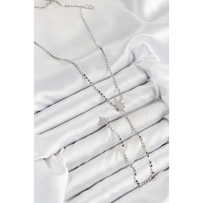 Pirinç Zirkon Taşlı Ezme Zincirli Kutup Yıldızı Model Gümüş Renk Y Kolye - TJ-BKO10462