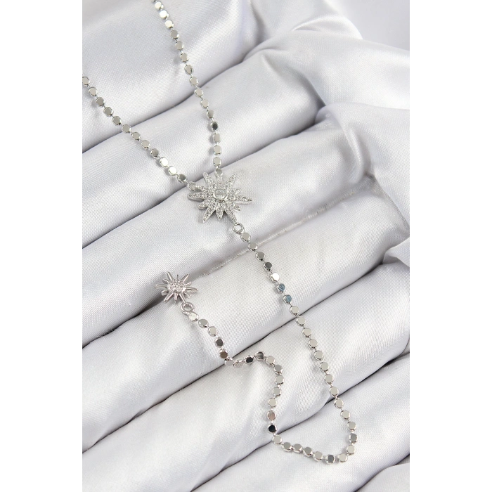 Pirinç Zirkon Taşlı Ezme Zincirli Kutup Yıldızı Model Gümüş Renk Y Kolye - TJ-BKO10468