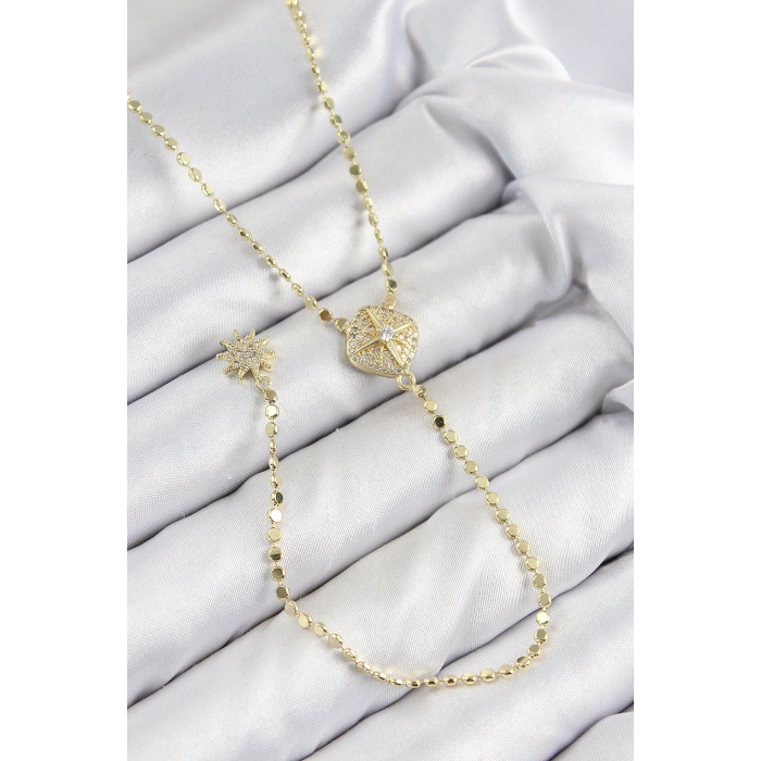 Pirinç Zirkon Taşlı Ezme Zincirli Madalyon Model Gold Renk Y Kolye - TJ-BKO10471