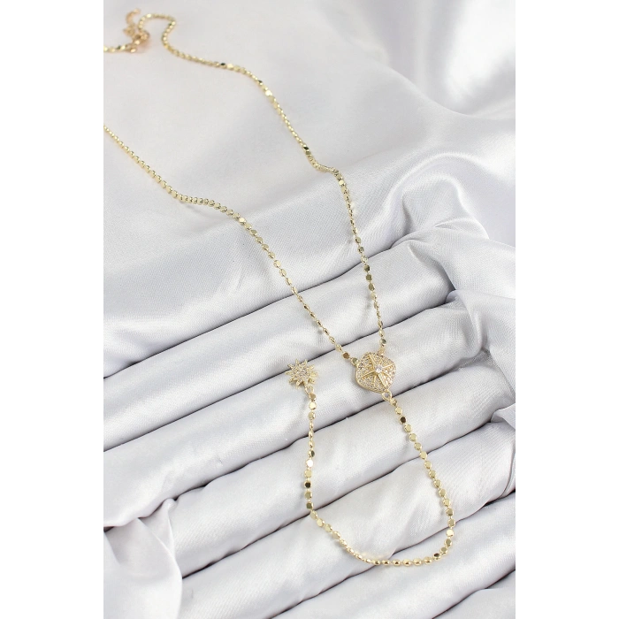 Pirinç Zirkon Taşlı Ezme Zincirli Madalyon Model Gold Renk Y Kolye - TJ-BKO10471