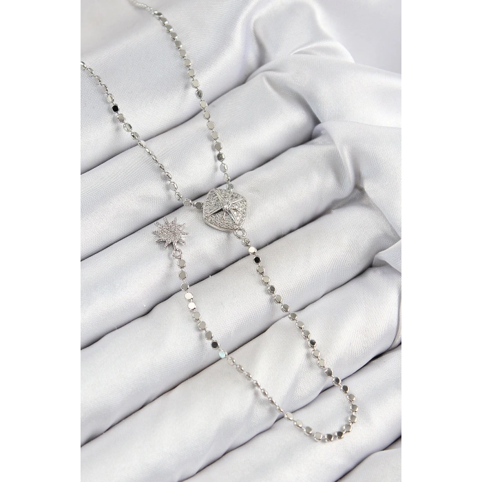 Pirinç Zirkon Taşlı Ezme Zincirli Madalyon Model Gümüş Renk Y Kolye - TJ-BKO10470