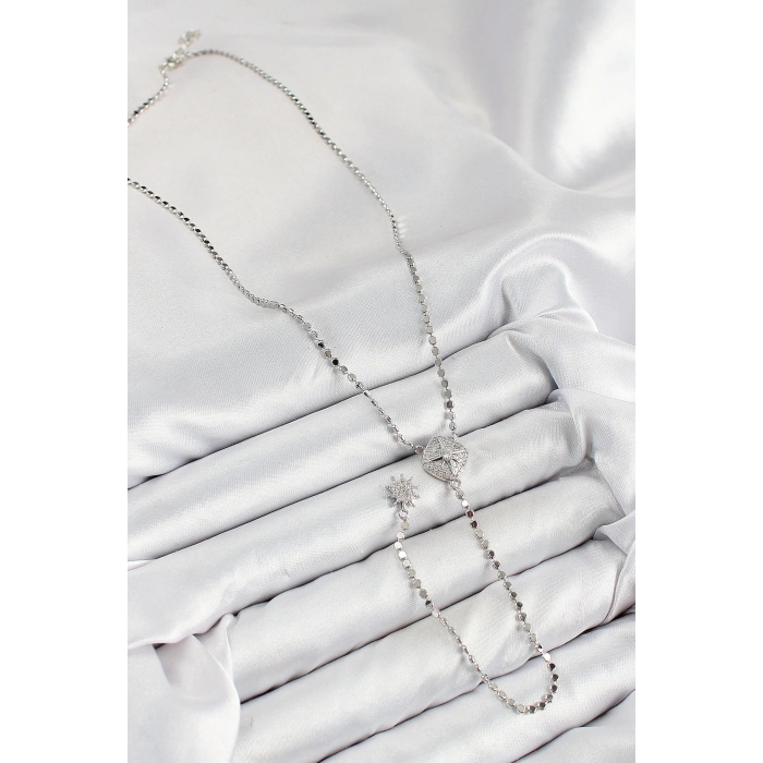 Pirinç Zirkon Taşlı Ezme Zincirli Madalyon Model Gümüş Renk Y Kolye - TJ-BKO10470