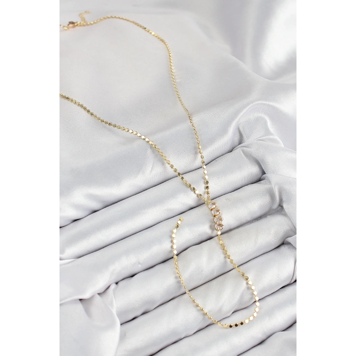 Pirinç Zirkon Taşlı Ezme Zincirli Model Gold Renk Y Kolye - TJ-BKO10465