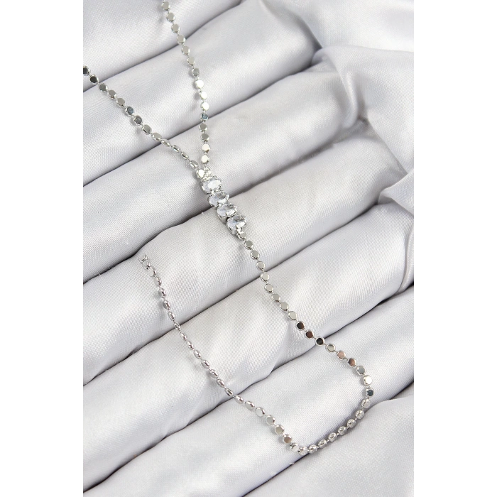 Pirinç Zirkon Taşlı Ezme Zincirli Model Gümüş Renk Y Kolye - TJ-BKO10464