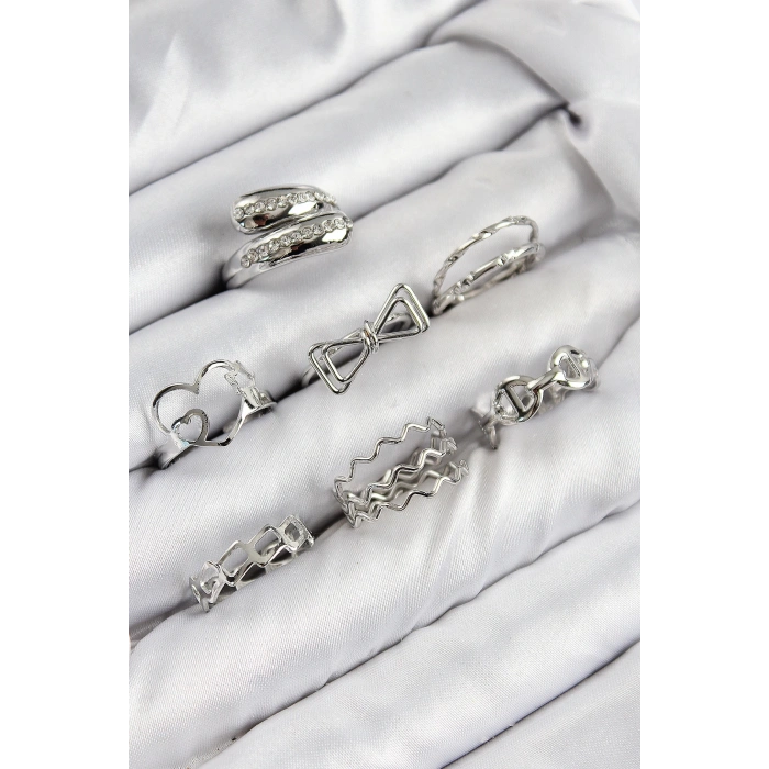 Pirinç Zirkon Taşlı Fiyonk Ve Kalp Model Gümüş Renk Kadın Yüzük Kombin Set - TJ-BYK3822