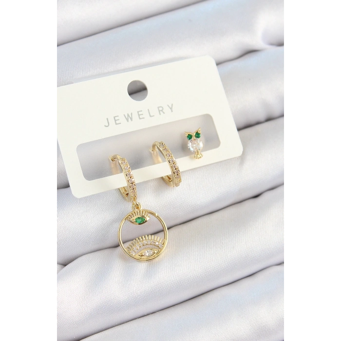Pirinç Zirkon Taşlı Göz Ve Baykuş Model Gold Renk 3lü Çift Kadın Küpe Set - TJ-BKP10831