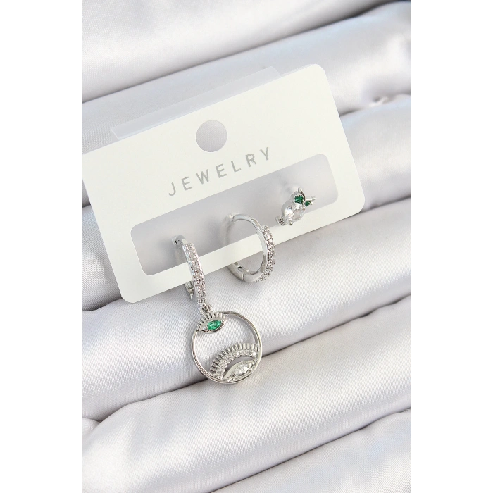 Pirinç Zirkon Taşlı Göz Ve Baykuş Model Gümüş Renk 3lü Çift Kadın Küpe Set - TJ-BKP10795