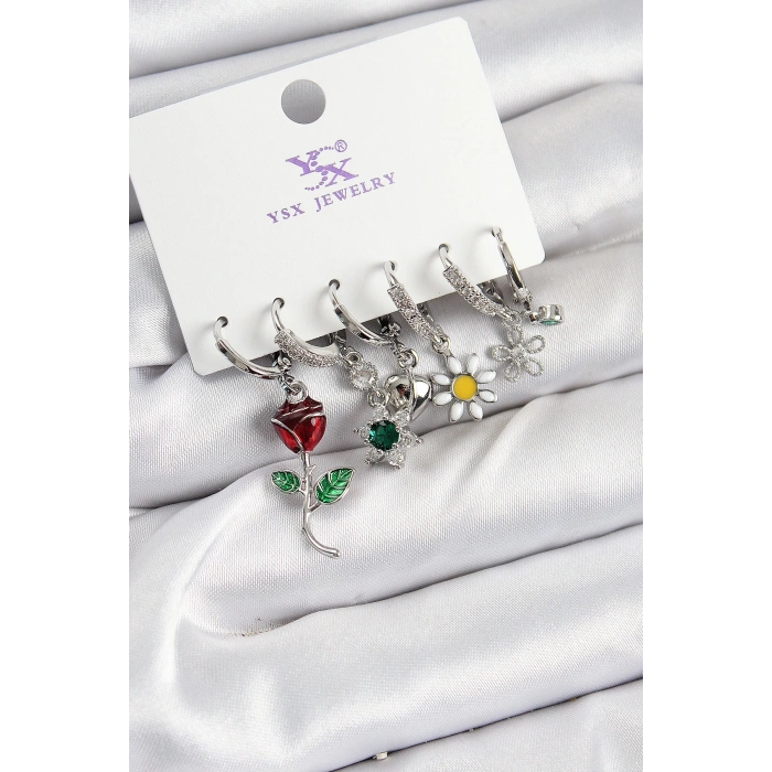 Pirinç Zİrkon Taşlı Gül Ve Papatya Model Gümüş Renk 3lü Çift Kadın Küpe - TJ-BKP10956