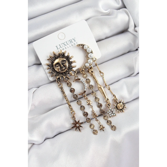 Pirinç Zirkon Taşlı Güneş Ve Ay Figürlü Eskitme Model Sallantılı Küpe - TJ-BKP10862