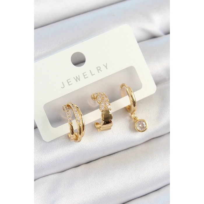 Pirinç Zirkon Taşlı Halka Model Gold Renk 3lü Çift Kadın Küpe Set - TJ-BKP10826