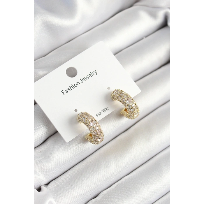 Pirinç Zirkon Taşlı Halka Model Gold Renk Kadın Küpe - TJ-BKP10634