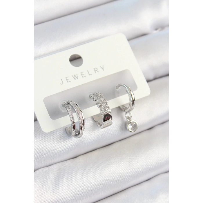 Pirinç Zirkon Taşlı Halka Model Gümüş Renk 3lü Çift Kadın Küpe Set - TJ-BKP10800