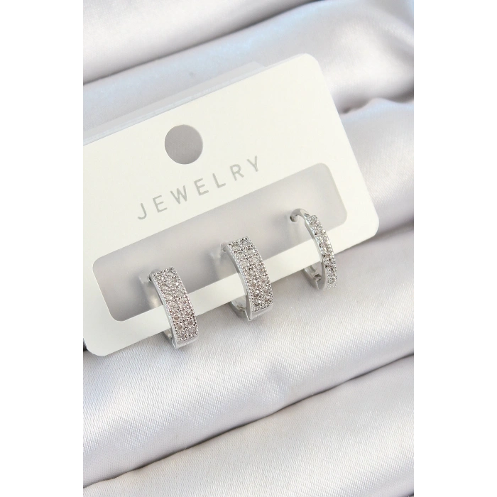 Pirinç Zirkon Taşlı Halka Model Gümüş Renk 3lü Çift Kadın Küpe Set - TJ-BKP10810