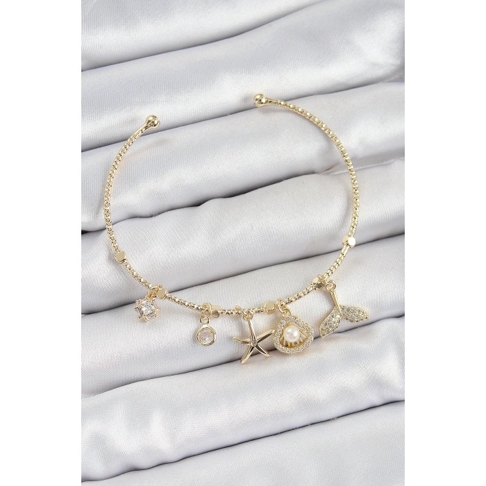 Pirinç Zirkon Taşlı İstiridye Ve Deniz Yıldızı Model Gold Renk Charm Bileklik - TJ-BB7358