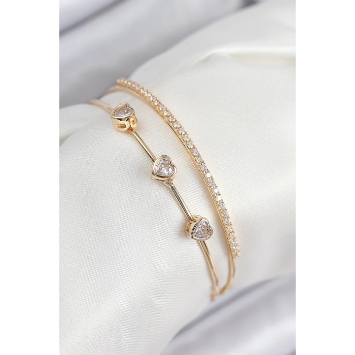 Pirinç Zirkon Taşlı Kalp Model Gold Renk Kadın Bileklik - TJ-BB7861