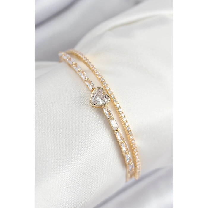 Pirinç Zirkon Taşlı Kalp Model Gold Renk Kadın Bileklik - TJ-BB7873