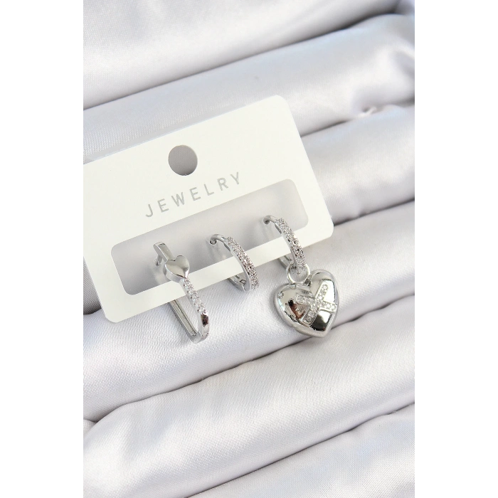 Pirinç Zirkon Taşlı Kalp Model Gümüş Renk 3lü Çift Kadın Küpe Set - TJ-BKP10794