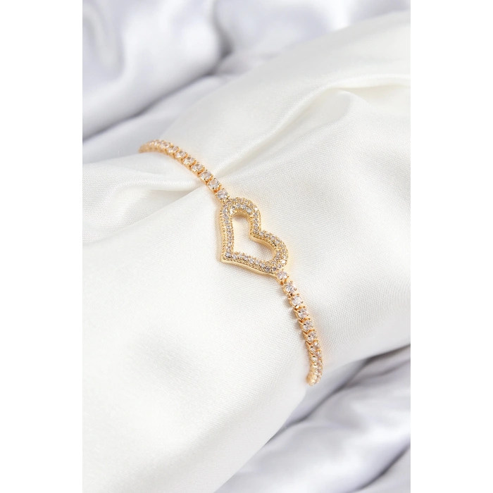 Pirinç Zirkon Taşlı Kalp Model Gümüş Renk Asansörlü Kadın Bileklik - TJ-BB7743