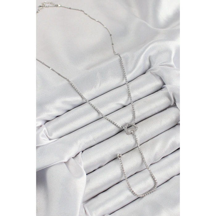 Pirinç Zirkon Taşlı Kalp Model Gümüş Renk  Y Kolye - TJ-BKO10447