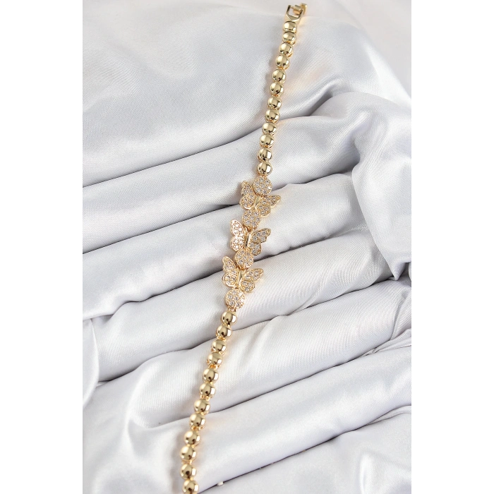 Pirinç Zirkon Taşlı Kelebek Model Gold Renk Kadın Bileklik - TJ-BB7541