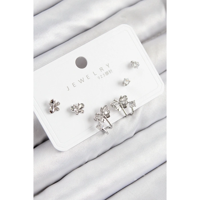 Pirinç Zirkon Taşlı Kelebek Model Gümüş Renk 925 Ayar Gümüş Çivi Kadın Küpe Set - TJ-BKP11163