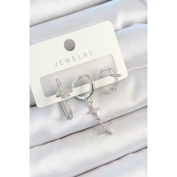 Pirinç Zirkon Taşlı Kelebek Ve Sallantılı Yıldız Model Gümüş Renk 3lü Çift Kadın Küpe Set - TJ-BKP10811