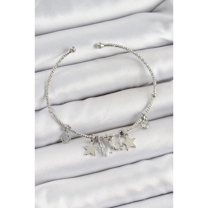 Pirinç Zirkon Taşlı Kelebek Ve Yıldız Model Gümüş Renk Charm Bileklik - TJ-BB7345