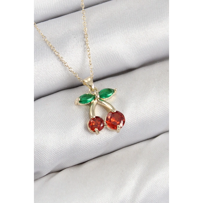 Pirinç Zirkon Taşlı Kiraz Model Gold Renk Kadın Kolye - TJ-BKO10420