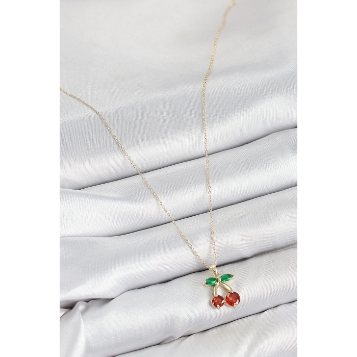 Pirinç Zirkon Taşlı Kiraz Model Gold Renk Kadın Kolye - TJ-BKO10420