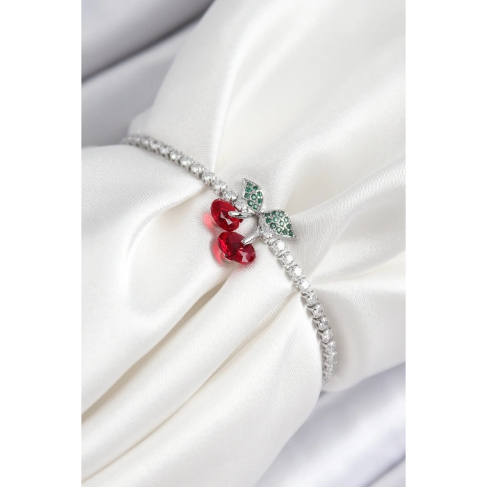 Pirinç Zirkon Taşlı Kiraz Model Gümüş Renk Asansörlü Kadın Bileklik - TJ-BB7454