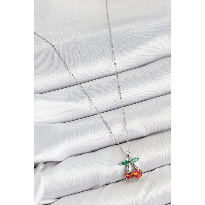 Pirinç Zirkon Taşlı Kiraz Model Gümüş Renk Kadın Kolye - TJ-BKO10421