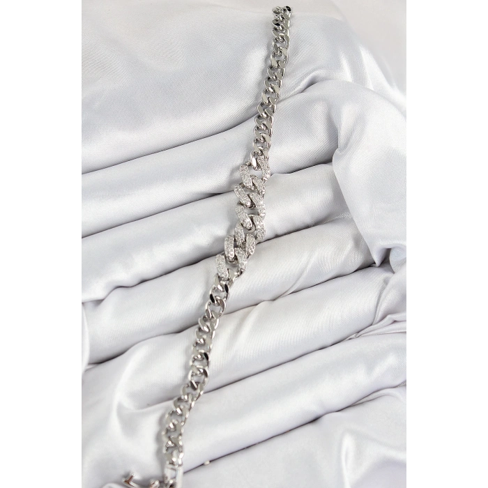 Pirinç Zirkon Taşlı Küba Zincir Model Gümüş Renk Kadın Bileklik - TJ-BB7534