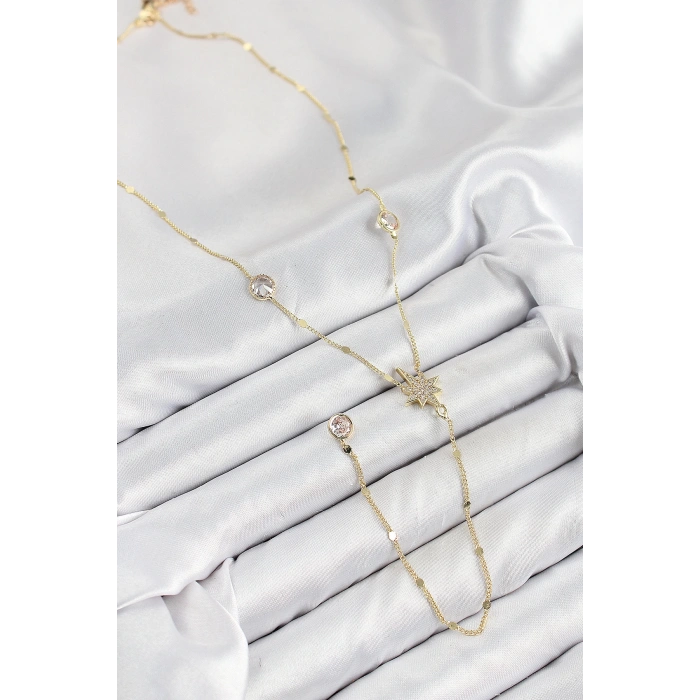 Pirinç Zirkon Taşlı Kutup Yıldızı Model Gold Renk Y Kolye - TJ-BKO10452