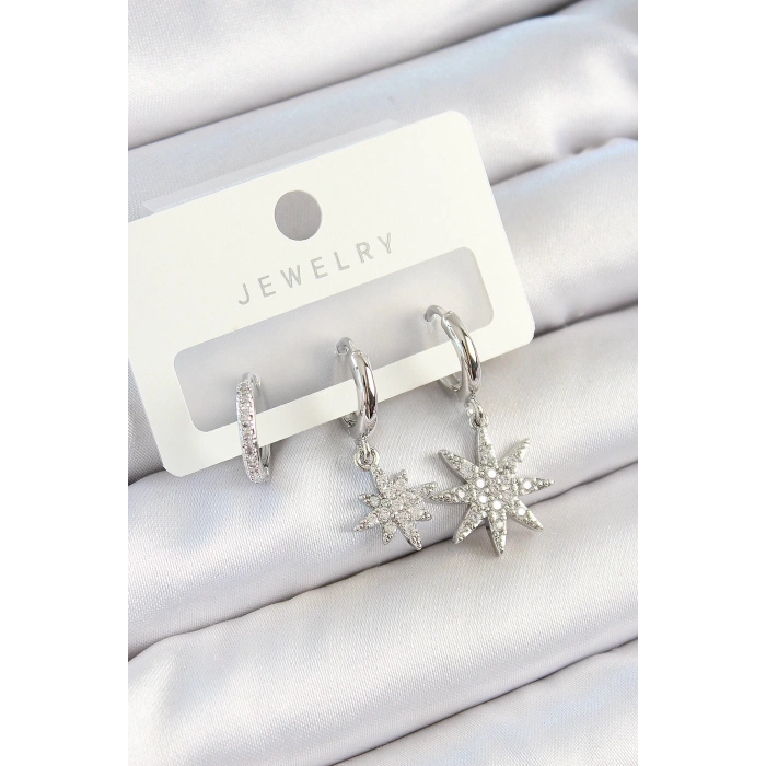 Pirinç Zirkon Taşlı Kutup Yıldızı Model Gümüş Renk 3lü Çift Kadın Küpe Set - TJ-BKP10803