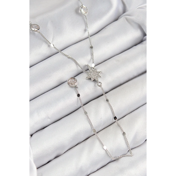 Pirinç Zirkon Taşlı Kutup Yıldızı Model Gümüş Renk Y Kolye - TJ-BKO10453