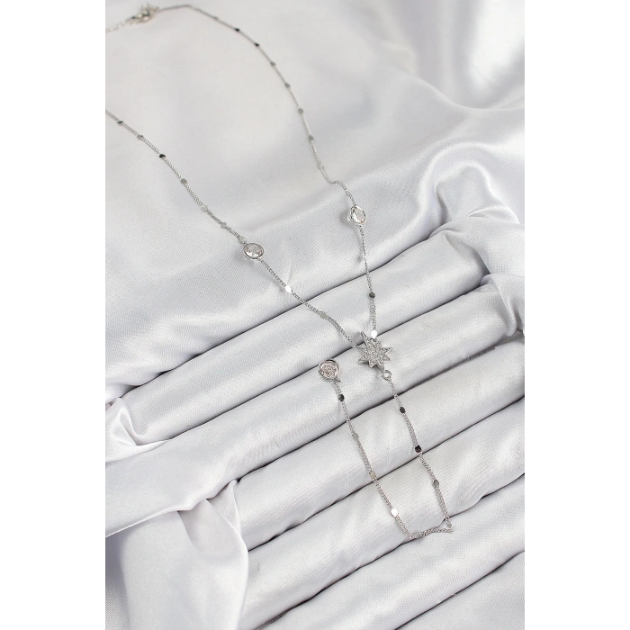 Pirinç Zirkon Taşlı Kutup Yıldızı Model Gümüş Renk Y Kolye - TJ-BKO10453