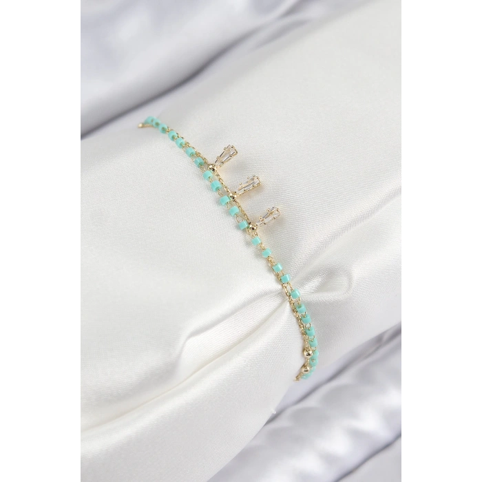Pirinç Zirkon Taşlı Mavi Boncuklu Model Gold Renk Kadın Bileklik - TJ-BB7599
