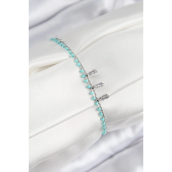 Pirinç Zirkon Taşlı Mavi Boncuklu Model Gümüş Renk Kadın Bileklik - TJ-BB7582