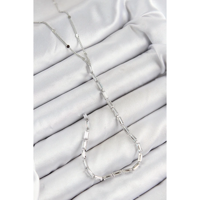 Pirinç Zirkon Taşlı Model Gümüş Renk Y Kolye - TJ-BKO10451