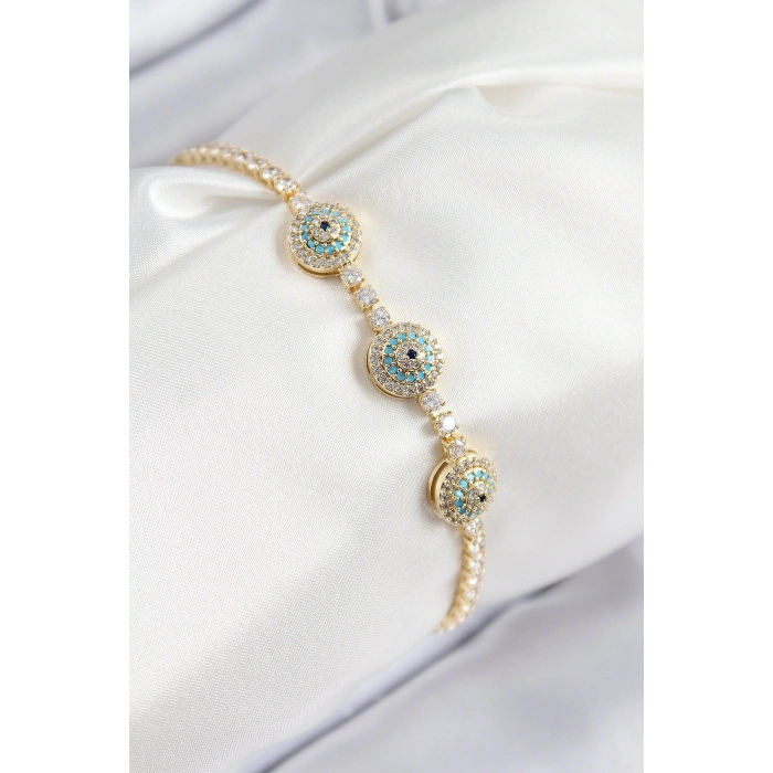 Pirinç Zirkon Taşlı Nazar Model Gold Renk Kadın Bileklik - TJ-BB7705