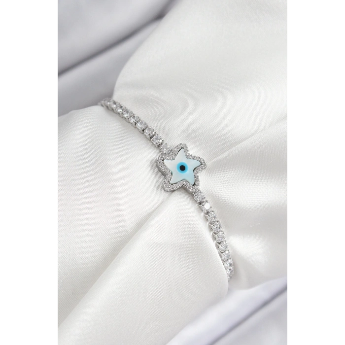 Pirinç Zirkon Taşlı Nazar Yıldız Model Gümüş Renk Asansörlü Kadın Bileklik - TJ-BB7469