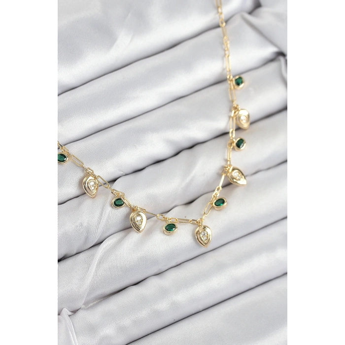 Pirinç Zirkon Taşlı Sallantılı Damla Model Gold Renk Kadın Kolye - TJ-BKO10493