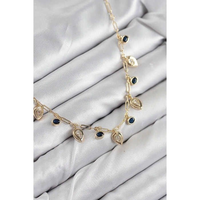 Pirinç Zirkon Taşlı Sallantılı Damla Model Gold Renk Kadın Kolye - TJ-BKO10494