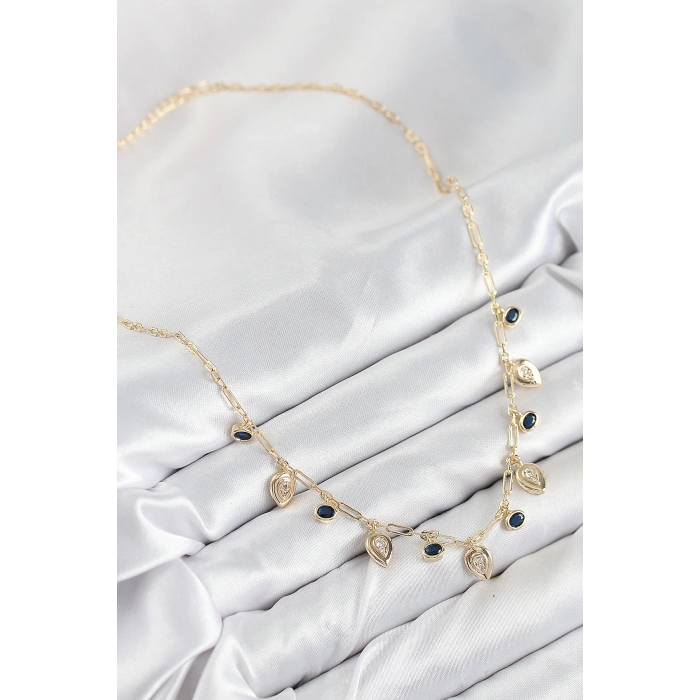 Pirinç Zirkon Taşlı Sallantılı Damla Model Gold Renk Kadın Kolye - TJ-BKO10494